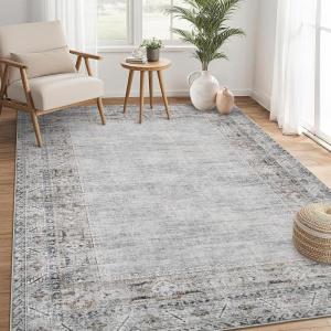 Garvee Washable Solid 8×10 Rugs for Living Room Bedroom,Non Slip Stain-Resistant Border Scalloped Rug for Dining Room Office,Low-Pile Soft Neutral Carpets for Under Table Farmhouse Playroom, Beige(Border|grey Green)
