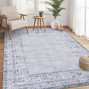 Garvee Washable Solid 8×10 Rugs for Living Room Bedroom,Non Slip Stain-Resistant Border Scalloped Rug for Dining Room Office,Low-Pile Soft Neutral Carpets for Under Table Farmhouse Playroom, Beige(Border|light Blue)