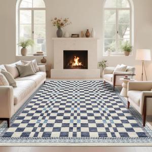 Garvee Washable Solid 8×10 Rugs for Living Room Bedroom,Non Slip Stain-Resistant Border Scalloped Rug for Dining Room Office,Low-Pile Soft Neutral Carpets for Under Table Farmhouse Playroom, Beige(Checkered|blue)