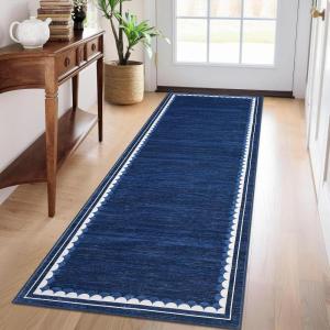 Garvee Washable Solid 8×10 Rugs for Living Room Bedroom,Non Slip Stain-Resistant Border Scalloped Rug for Dining Room Office,Low-Pile Soft Neutral Carpets for Under Table Farmhouse Playroom, Beige(Navy Blue)