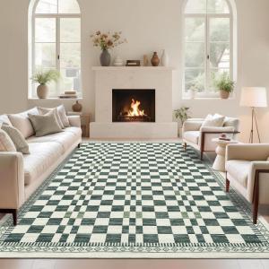 Garvee Washable Solid 8×10 Rugs for Living Room Bedroom,Non Slip Stain-Resistant Border Scalloped Rug for Dining Room Office,Low-Pile Soft Neutral Carpets for Under Table Farmhouse Playroom, Beige(Checkered|green)