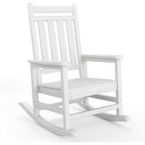HDPE Rocking Chair Outdoor Set of 2 with Side Table – Poly High Back Porch Rocker Chairs for Adults – All Weather Resistant Furniture for Patio Front Porch – Gray(White)