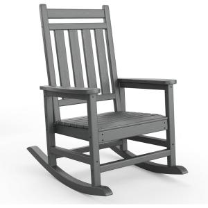 HDPE Rocking Chair Outdoor Set of 2 with Side Table – Poly High Back Porch Rocker Chairs for Adults – All Weather Resistant Furniture for Patio Front Porch – Gray(Grey)