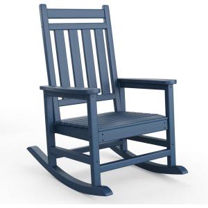 HDPE Rocking Chair Outdoor Set of 2 with Side Table – Poly High Back Porch Rocker Chairs for Adults – All Weather Resistant Furniture for Patio Front Porch – Gray(Navy Blue)
