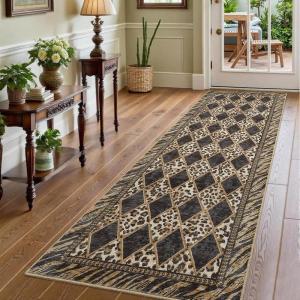 Leopard Washable 2×8 Runner Rug, Soft Animal Print Kitchen Runners for Hallways, Non Slip Checkered Rug Runners for Entryway Bedroom Laundry, Brown/Black(Light Brown)