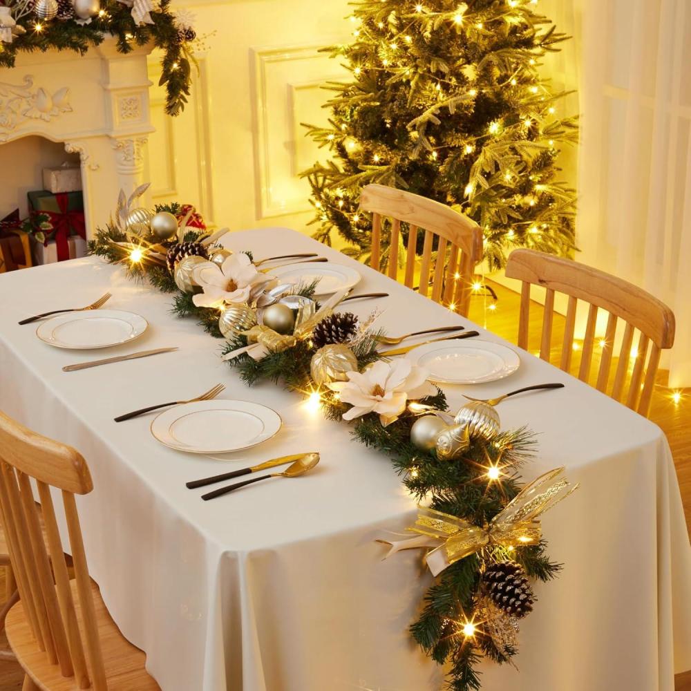 image:image6 ft Christmas Garland with 20 LED Lights PreLit Gold Xmas Garland with Pine Cones Ribbons Magnolia Ball Ornaments Christmas Decoration on Mantle Fireplace Front DoorGold  White