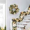 6 ft Christmas Garland with 20 LED Lights, Pre-Lit Gold Xmas Garland with Pine Cones, Ribbons, Magnolia, Ball Ornaments, Christmas Decoration on Mantle Fireplace Front Door(Gold & White)