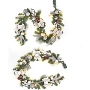 6 ft Christmas Garland with 20 LED Lights, Pre-Lit Gold Xmas Garland with Pine Cones, Ribbons, Magnolia, Ball Ornaments, Christmas Decoration on Mantle Fireplace Front Door(Silver)