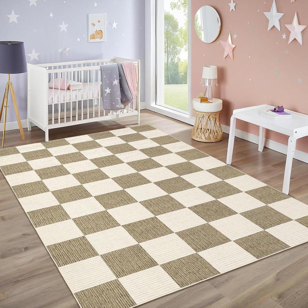image:imageGarvee 8x10 Rug for Bedroom Modern Plaid Rugs for Living Room Non Skid Chrismas Rug Non Slip Stain Resistant Dining Room Area Rug Washable Office Area Rug GreenBeige