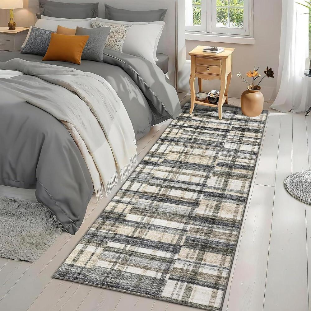 image:imageGarvee 8x10 Rug for Bedroom Modern Plaid Rugs for Living Room Non Skid Chrismas Rug Non Slip Stain Resistant Dining Room Area Rug Washable Office Area Rug GreenPlaidblue Beige