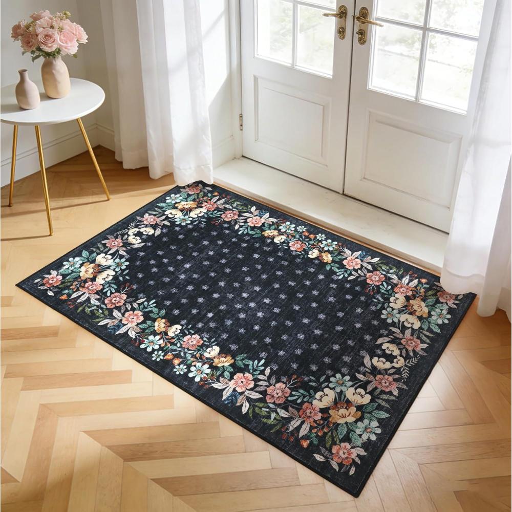 image:imageGarvee Blue 5x7 Area Rugs for Living Room Washable Floral Rug with NonSlip Backing LowPile Carpet for Bedroom Dining RoomBlack