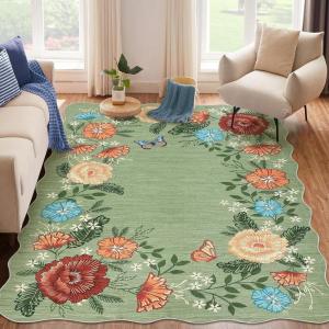 Garvee 8×10 Rug for Bedroom, Modern Plaid Rugs for Living Room, Non Skid Chrismas Rug Non Slip Stain Resistant Dining Room Area Rug, Washable Office Area Rug, Green(Flowers|green Tone)