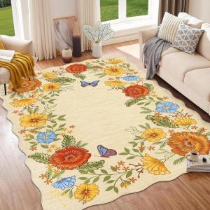 Garvee 8×10 Rug for Bedroom, Modern Plaid Rugs for Living Room, Non Skid Chrismas Rug Non Slip Stain Resistant Dining Room Area Rug, Washable Office Area Rug, Green(Flowers|yellow Tone)