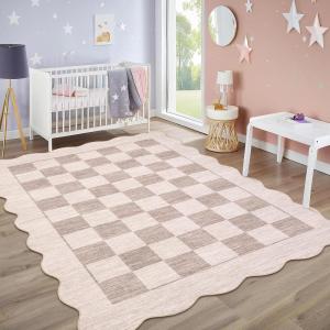 Garvee 8×10 Rug for Bedroom, Modern Plaid Rugs for Living Room, Non Skid Chrismas Rug Non Slip Stain Resistant Dining Room Area Rug, Washable Office Area Rug, Green(Beige-scalloped)