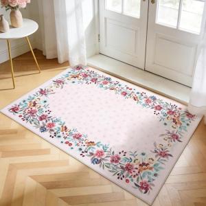 Garvee Blue 5×7 Area Rugs for Living Room, Washable Floral Rug with Non-Slip Backing, Low-Pile Carpet for Bedroom Dining Room(Pink)