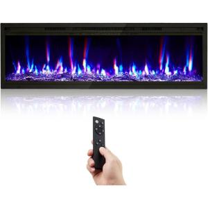 Garvee 60 in Electric Fireplace Inserts, 750/1500W Recessed and Wall Mounted Fireplace Heater with Remote Control, Adjustable Flame Color & Brightness, 9H Timer, Log & Crystal, Black(50 inch)