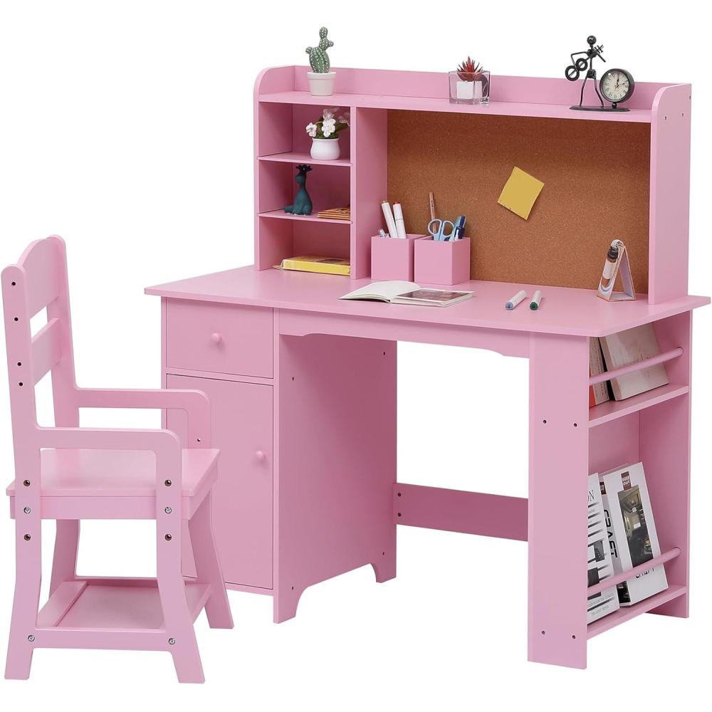 image:imageGarvee Kids Desk Study Desk and Chair Set for Boys and Girl Wooden Kids Writing Table with Bookshelf Bulletin Board and Cabinets for Ages 38Pink