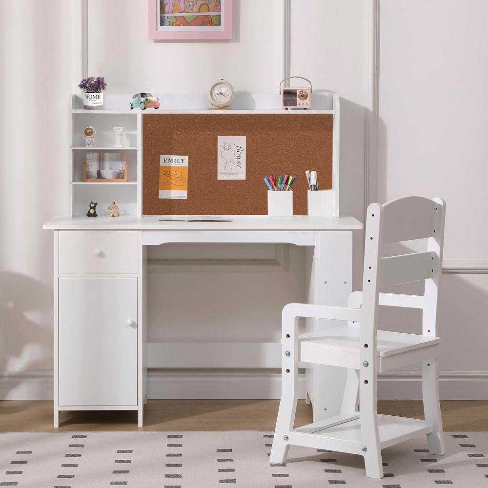 image:imageGarvee Kids Desk Study Desk and Chair Set for Boys and Girl Wooden Kids Writing Table with Bookshelf Bulletin Board and Cabinets for Ages 38Pure White