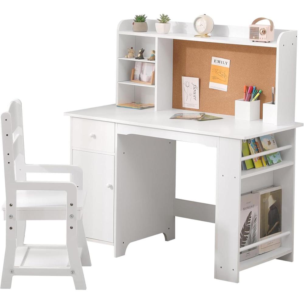 image:imageGarvee Kids Desk Study Desk and Chair Set for Boys and Girl Wooden Kids Writing Table with Bookshelf Bulletin Board and Cabinets for Ages 38White