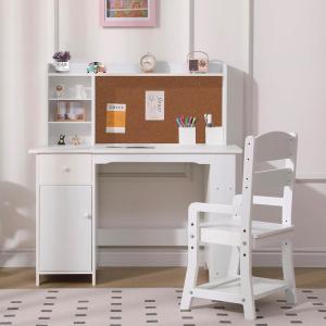 Garvee Kids Desk, Study Desk and Chair Set for Boys and Girl, Wooden Kids Writing Table with Bookshelf, Bulletin Board, and Cabinets for Ages 3-8(Pure White)
