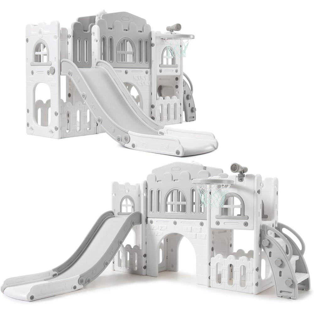 image:imageToddler Slide 8 in 1 Toddler Playset for Toddlers Age 13 Baby Playset for Indoor Outdoor Playground with Climber Crawling Tunnel Basketball Hoop Telescope Toy StorageGray
