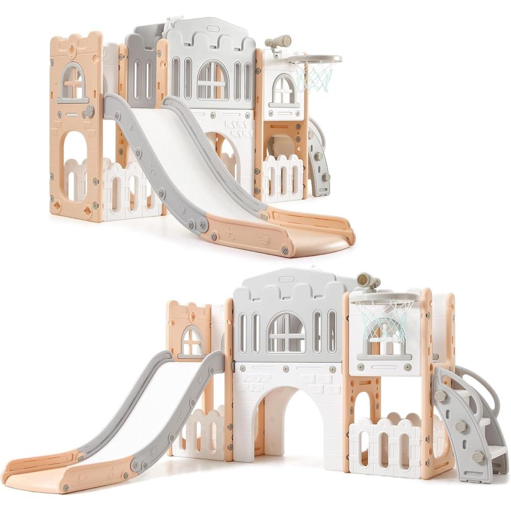 image:imageToddler Slide 8 in 1 Toddler Playset for Toddlers Age 13 Baby Playset for Indoor Outdoor Playground with Climber Crawling Tunnel Basketball Hoop Telescope Toy StoragePinkgray
