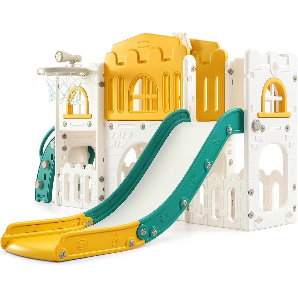 image:imageToddler Slide 8 in 1 Toddler Playset for Toddlers Age 13 Baby Playset for Indoor Outdoor Playground with Climber Crawling Tunnel Basketball Hoop Telescope Toy StorageOrangegreen