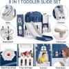 Toddler Slide 8 in 1 Toddler Playset for Toddlers Age 1-3, Baby Playset for Indoor Outdoor Playground with Climber, Crawling Tunnel, Basketball Hoop, Telescope, Toy Storage(Blue+white)