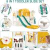 Toddler Slide 8 in 1 Toddler Playset for Toddlers Age 1-3, Baby Playset for Indoor Outdoor Playground with Climber, Crawling Tunnel, Basketball Hoop, Telescope, Toy Storage(Orange+green)