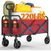 Wagons Carts Foldable, Garvee Utility Collapsible Wagon with All-Terrain Wheels, Drink Holders & Adjustable Handle, 220 LBS Portable Grocery Wagon for Shopping, Camping, Garden -Black(Red)