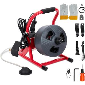 GARVEE Drain Cleaner Machine, 50 ft X 5/16 in Professional Automatic Electric Drain Auger for 3/4 to 3 in Pipes, Portable Electric Drain Snake with 6 Cutters & Foot Switch and Pair of Gloves