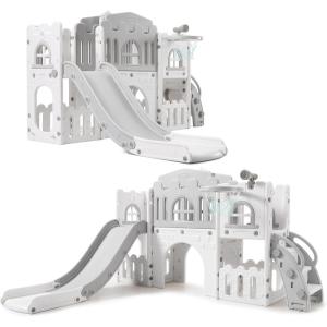 Toddler Slide 8 in 1 Toddler Playset for Toddlers Age 1-3, Baby Playset for Indoor Outdoor Playground with Climber, Crawling Tunnel, Basketball Hoop, Telescope, Toy Storage(Gray)
