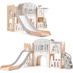 Toddler Slide 8 in 1 Toddler Playset for Toddlers Age 1-3, Baby Playset for Indoor Outdoor Playground with Climber, Crawling Tunnel, Basketball Hoop, Telescope, Toy Storage(Pink+gray)