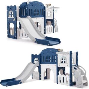 Toddler Slide 8 in 1 Toddler Playset for Toddlers Age 1-3, Baby Playset for Indoor Outdoor Playground with Climber, Crawling Tunnel, Basketball Hoop, Telescope, Toy Storage(Blue+white)