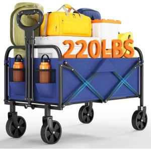 Wagons Carts Foldable, Garvee Utility Collapsible Wagon with All-Terrain Wheels, Drink Holders & Adjustable Handle, 220 LBS Portable Grocery Wagon for Shopping, Camping, Garden -Black(Blue)