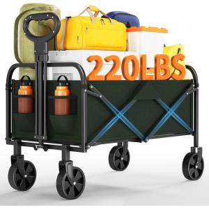 Wagons Carts Foldable, Garvee Utility Collapsible Wagon with All-Terrain Wheels, Drink Holders & Adjustable Handle, 220 LBS Portable Grocery Wagon for Shopping, Camping, Garden -Black(Green)