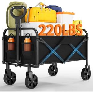 Wagons Carts Foldable, Garvee Utility Collapsible Wagon with All-Terrain Wheels, Drink Holders & Adjustable Handle, 220 LBS Portable Grocery Wagon for Shopping, Camping, Garden -Black(Black)