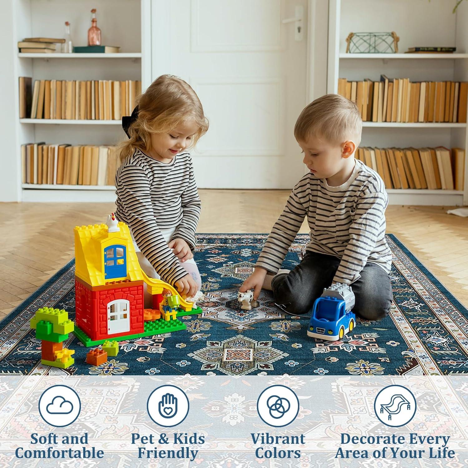 image:imageGarvee 5x7 ft Vintage Boho Floral Area Rug for Living Room Oriental Style Machine Washable Large Rugs Non Slip Low Pile Soft Carpet for BedroomDining RoomFarmhouseNurseryApartmentBlue GreenBlue