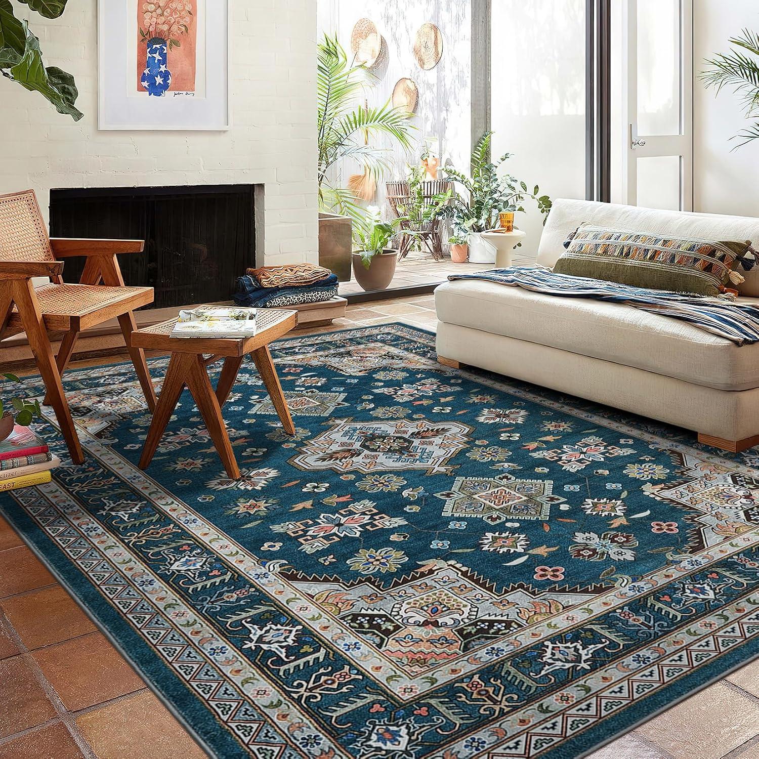 image:imageGarvee 5x7 ft Vintage Boho Floral Area Rug for Living Room Oriental Style Machine Washable Large Rugs Non Slip Low Pile Soft Carpet for BedroomDining RoomFarmhouseNurseryApartmentBlue GreenBlue