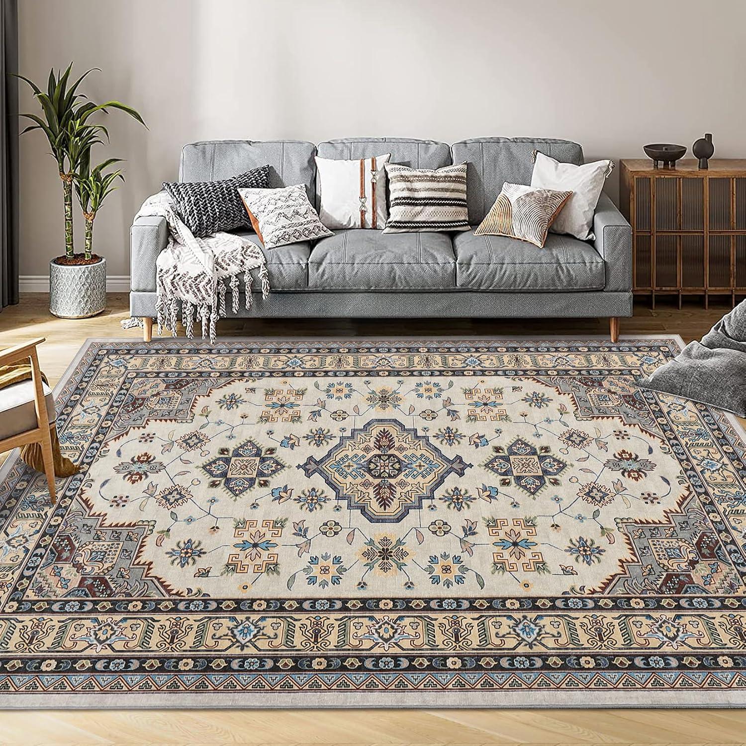 image:imageGarvee 5x7 ft Vintage Boho Floral Area Rug for Living Room Oriental Style Machine Washable Large Rugs Non Slip Low Pile Soft Carpet for BedroomDining RoomFarmhouseNurseryApartmentBlue GreenBeige