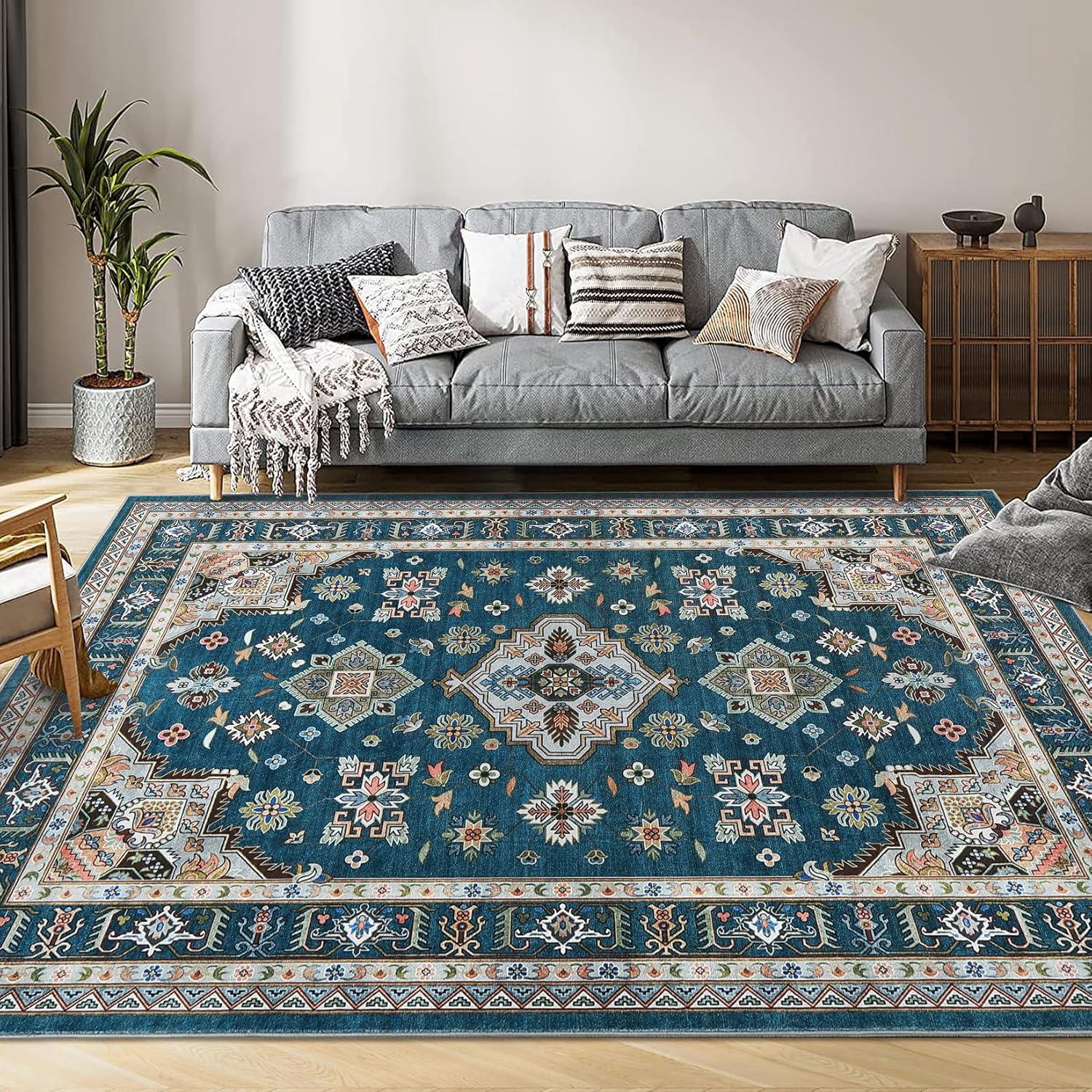 image:imageGarvee 5x7 ft Vintage Boho Floral Area Rug for Living Room Oriental Style Machine Washable Large Rugs Non Slip Low Pile Soft Carpet for BedroomDining RoomFarmhouseNurseryApartmentBlue GreenBlue