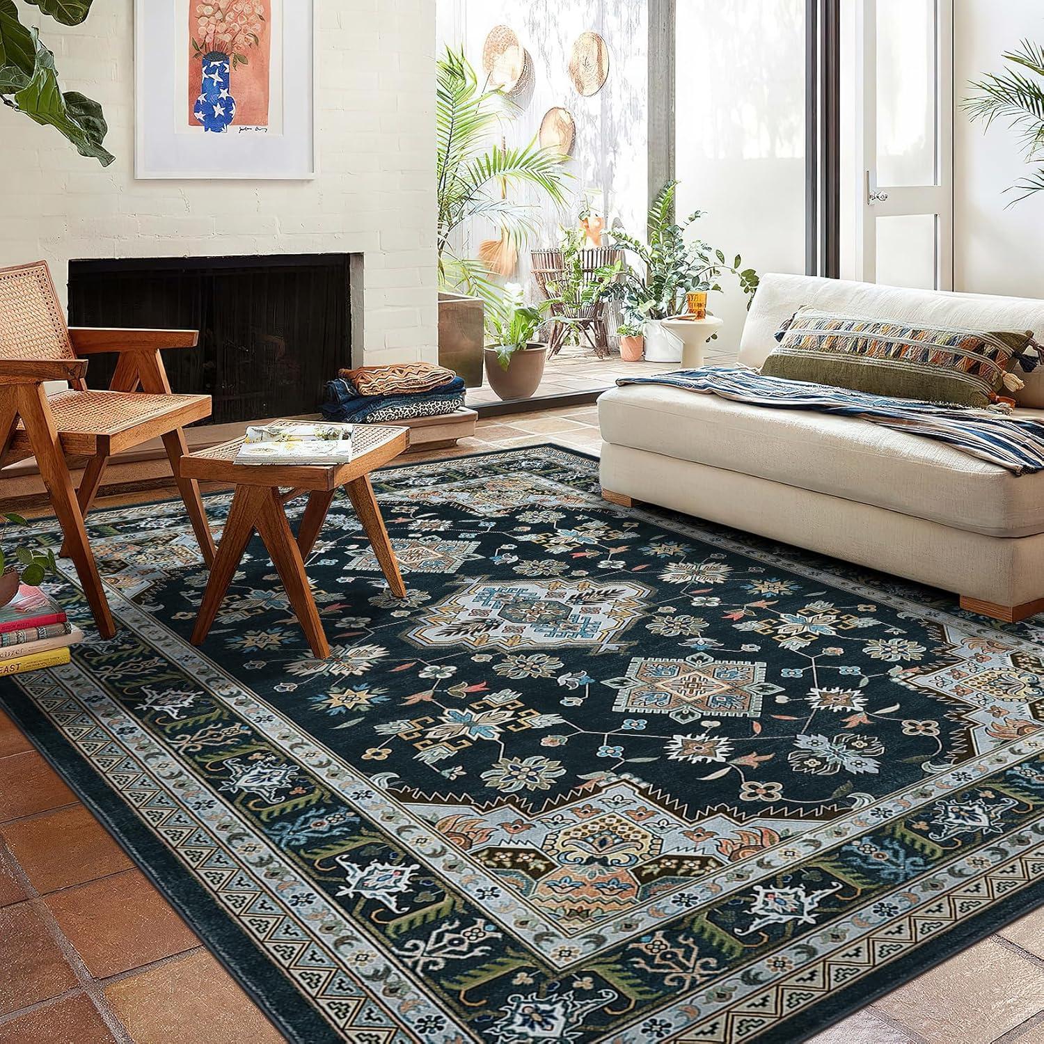image:imageGarvee 5x7 ft Vintage Boho Floral Area Rug for Living Room Oriental Style Machine Washable Large Rugs Non Slip Low Pile Soft Carpet for BedroomDining RoomFarmhouseNurseryApartmentBlue GreenBlack