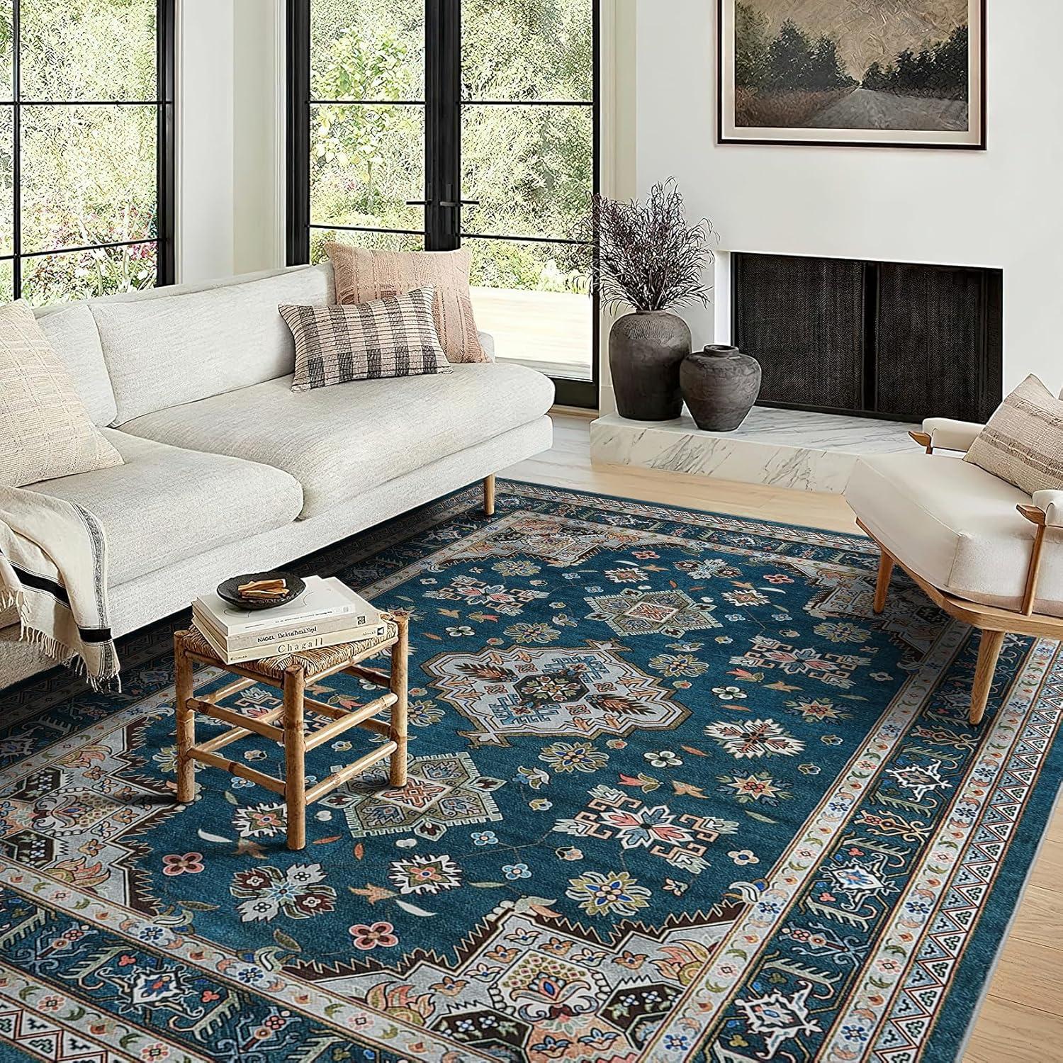 image:imageGarvee 5x7 ft Vintage Boho Floral Area Rug for Living Room Oriental Style Machine Washable Large Rugs Non Slip Low Pile Soft Carpet for BedroomDining RoomFarmhouseNurseryApartmentBlue GreenBlue