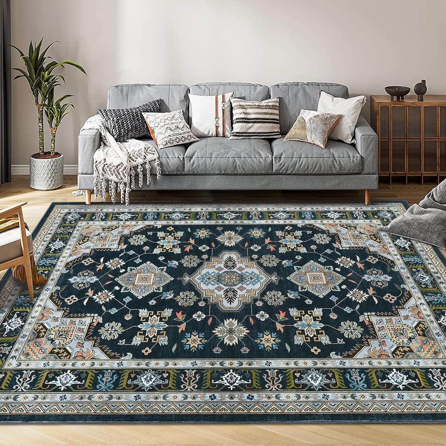 image:imageGarvee 5x7 ft Vintage Boho Floral Area Rug for Living Room Oriental Style Machine Washable Large Rugs Non Slip Low Pile Soft Carpet for BedroomDining RoomFarmhouseNurseryApartmentBlue GreenBlack