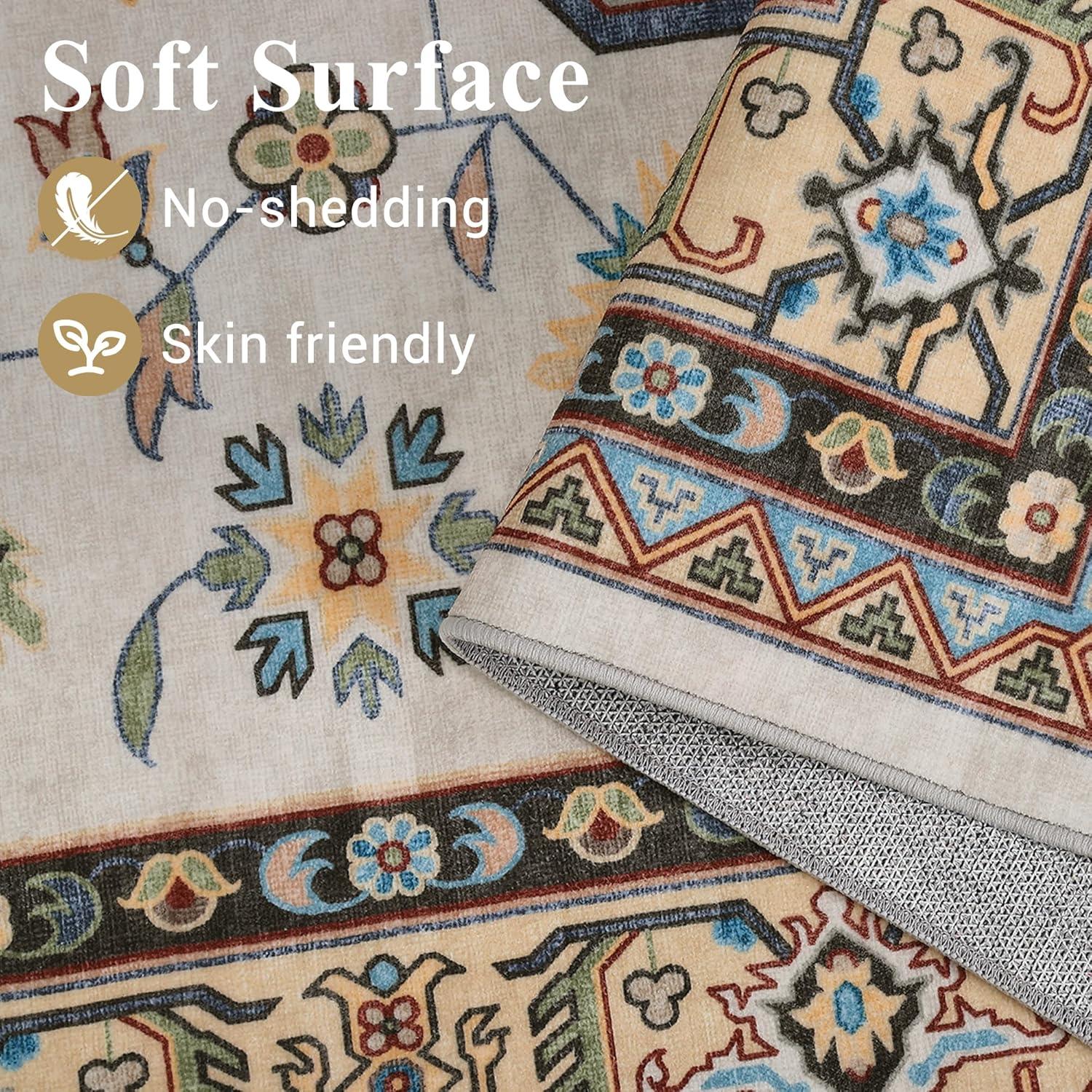 image:imageGarvee 5x7 ft Vintage Boho Floral Area Rug for Living Room Oriental Style Machine Washable Large Rugs Non Slip Low Pile Soft Carpet for BedroomDining RoomFarmhouseNurseryApartmentBlue GreenBeige