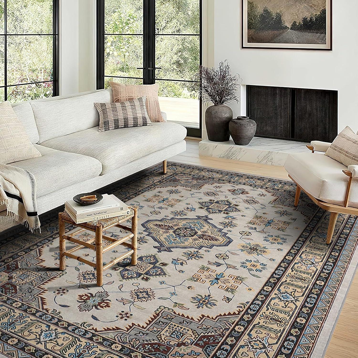 image:imageGarvee 5x7 ft Vintage Boho Floral Area Rug for Living Room Oriental Style Machine Washable Large Rugs Non Slip Low Pile Soft Carpet for BedroomDining RoomFarmhouseNurseryApartmentBlue GreenBeige