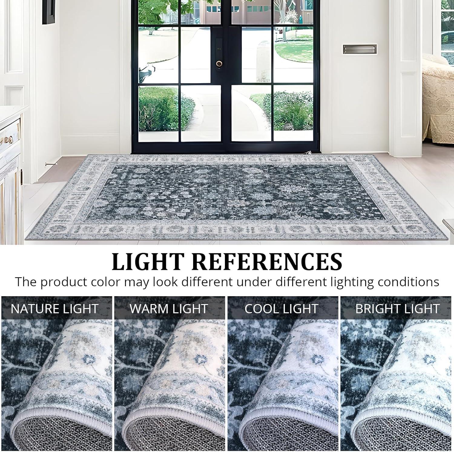 image:imageGarvee 6x9 Soft Washable Area Rug Vintage Floral Area Rug Low Pile Thin Floor Carpet Non Shedding Non Slip Rug Distressed Oriental Rug for Living Room Bedroom BlueBlack Tone