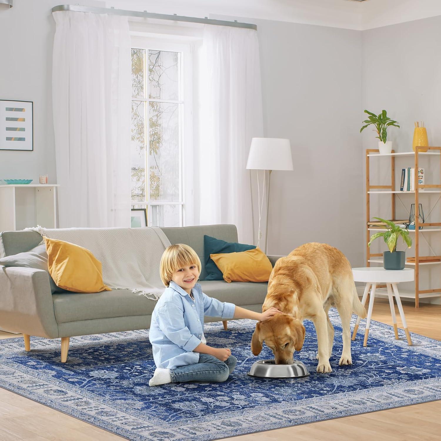image:imageGarvee 6x9 Soft Washable Area Rug Vintage Floral Area Rug Low Pile Thin Floor Carpet Non Shedding Non Slip Rug Distressed Oriental Rug for Living Room Bedroom BlueBlue Tone