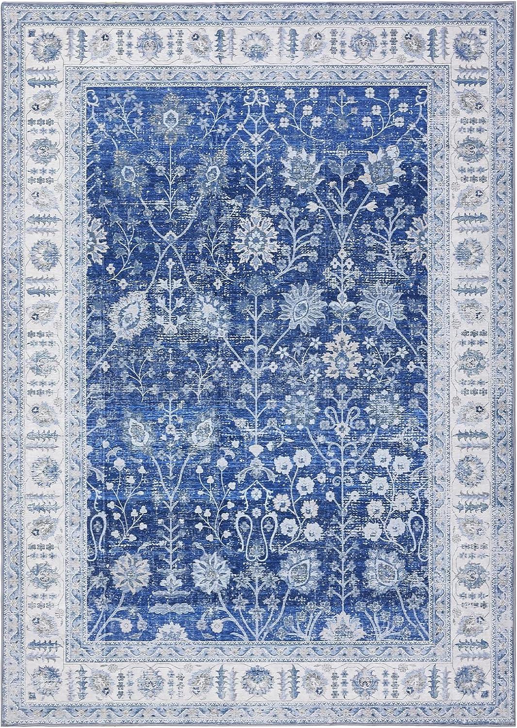 image:imageGarvee 6x9 Soft Washable Area Rug Vintage Floral Area Rug Low Pile Thin Floor Carpet Non Shedding Non Slip Rug Distressed Oriental Rug for Living Room Bedroom BlueBlue Tone