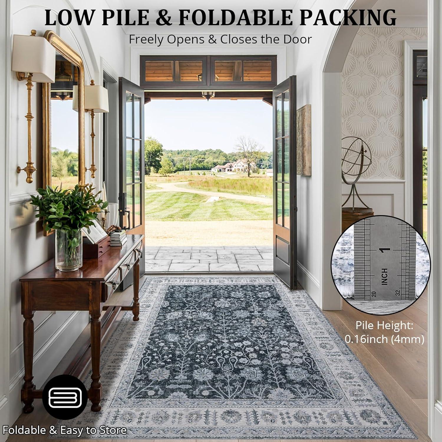 image:imageGarvee 6x9 Soft Washable Area Rug Vintage Floral Area Rug Low Pile Thin Floor Carpet Non Shedding Non Slip Rug Distressed Oriental Rug for Living Room Bedroom BlueBlack Tone